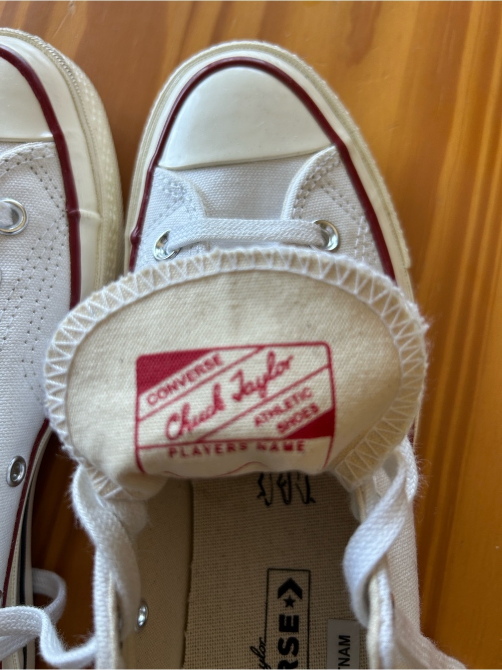 NWOT. Converse Chuck Taylor Low Top Canvas Sneakers - White with Red Accent. - Picture 2 of 5